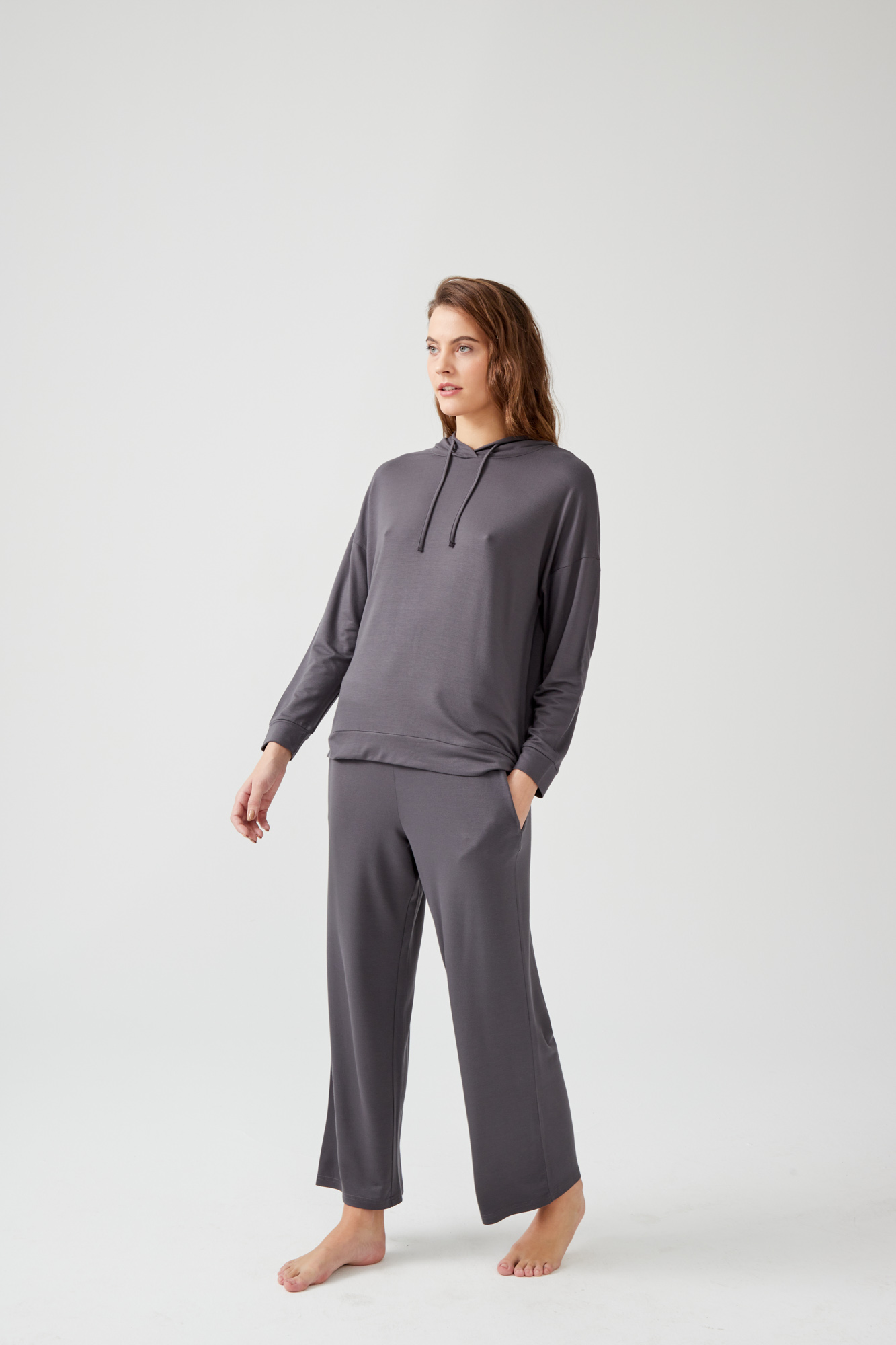Kadın İki İplik Modal Kapüşonlu Bol Kesim Sweatshirt