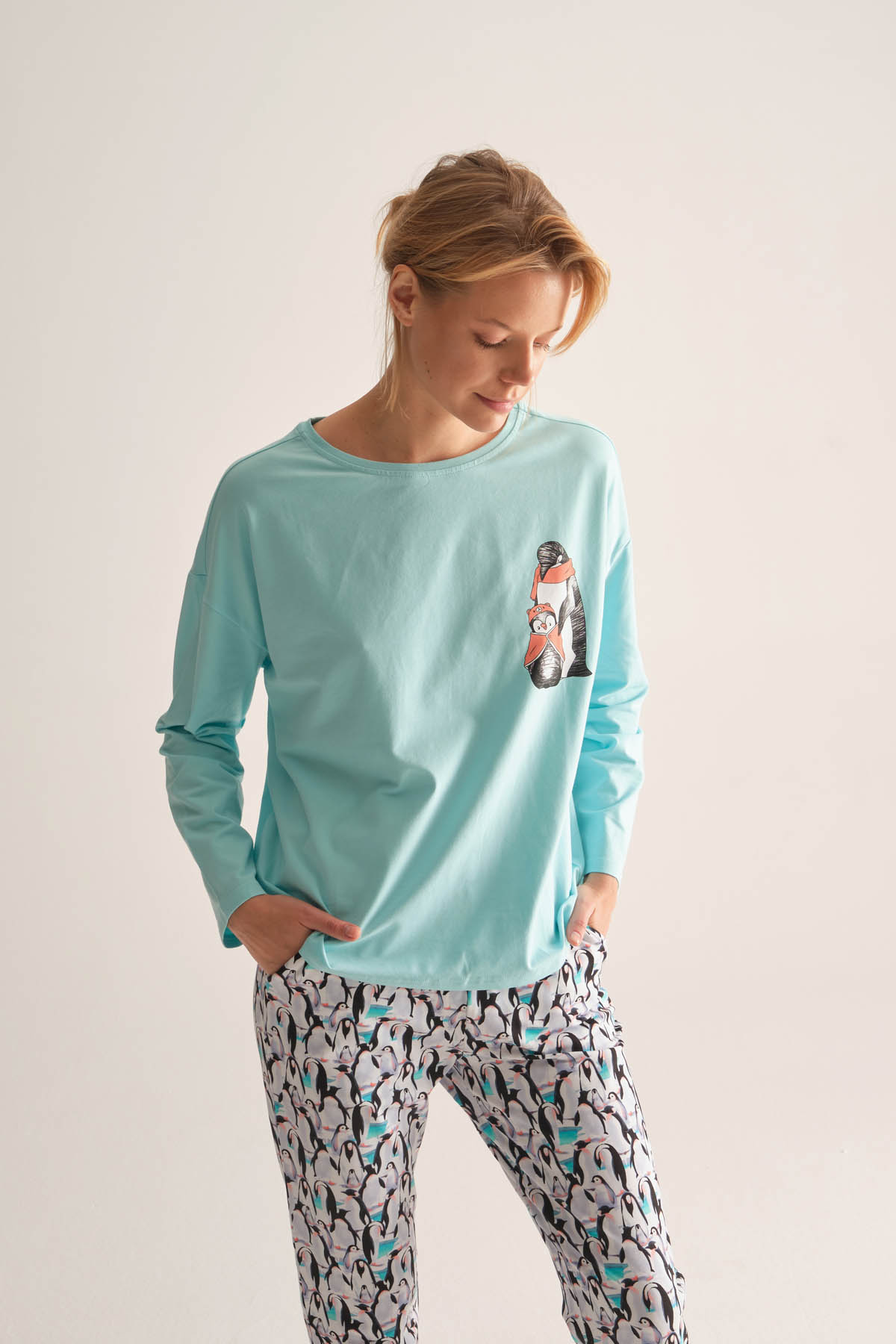Kadın Düşük Omuzlu Uzun Kollu Pijama Üstü