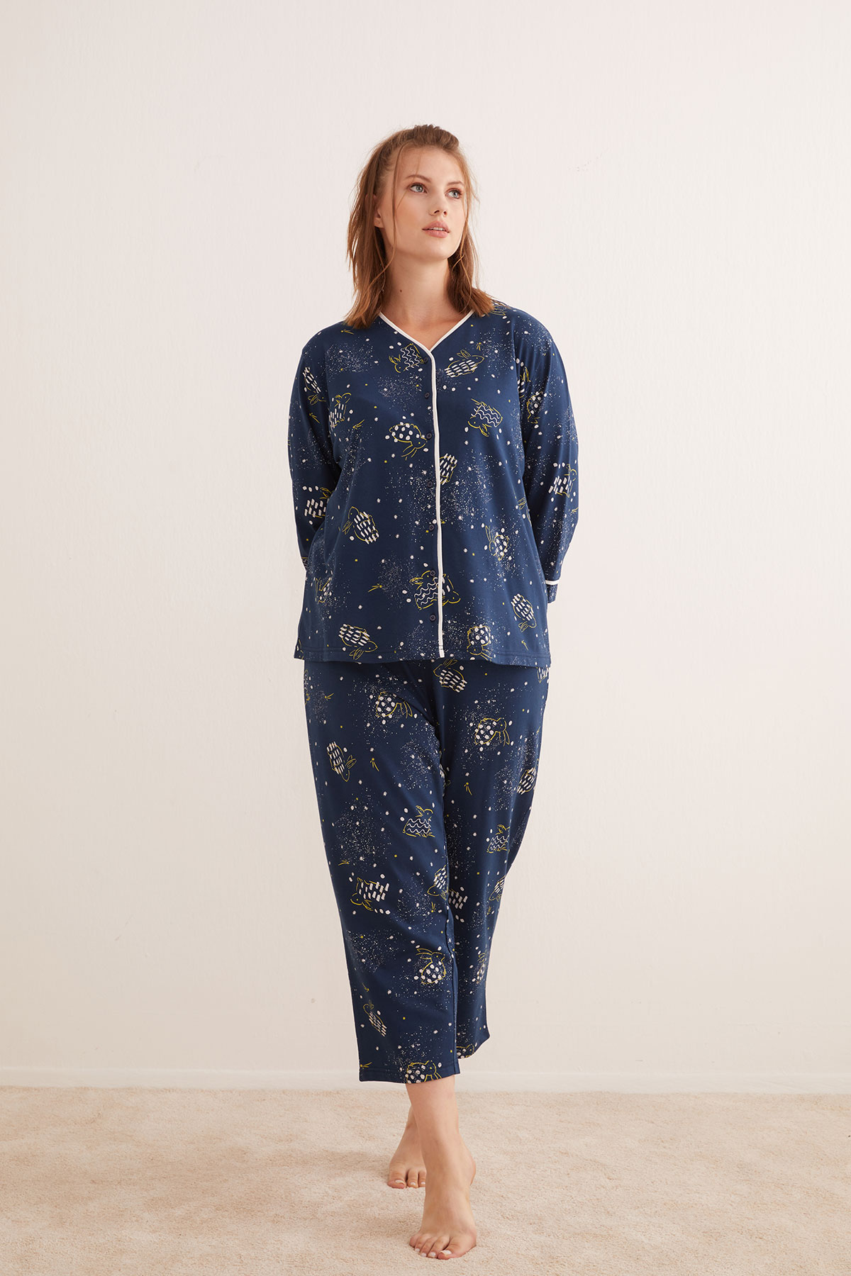 Kadın Büyük Beden Pamuklu Gömlek Yaka Pijama Üstü
