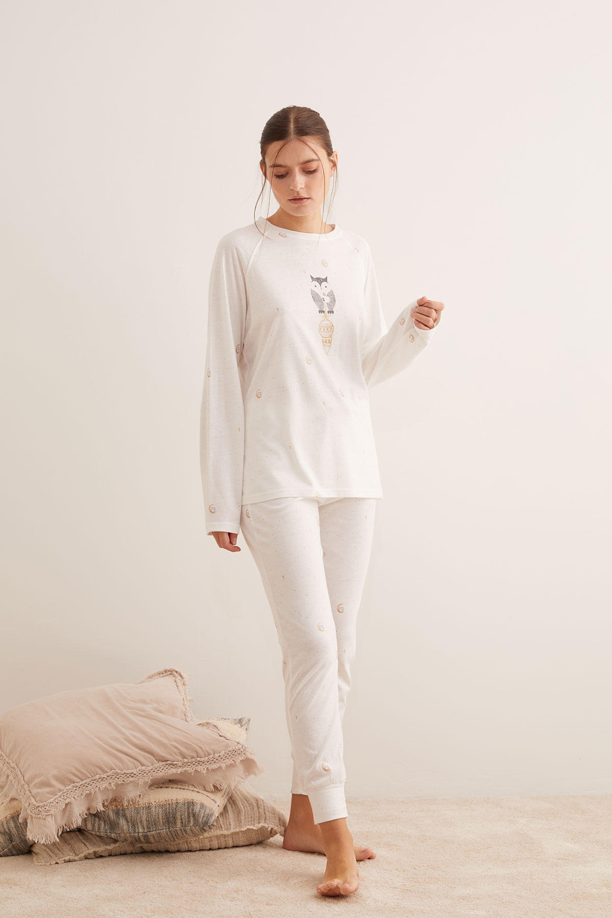Kadın Modal Karışımlı Pamuklu Sim Baskılı Uzun Pijama Takımı