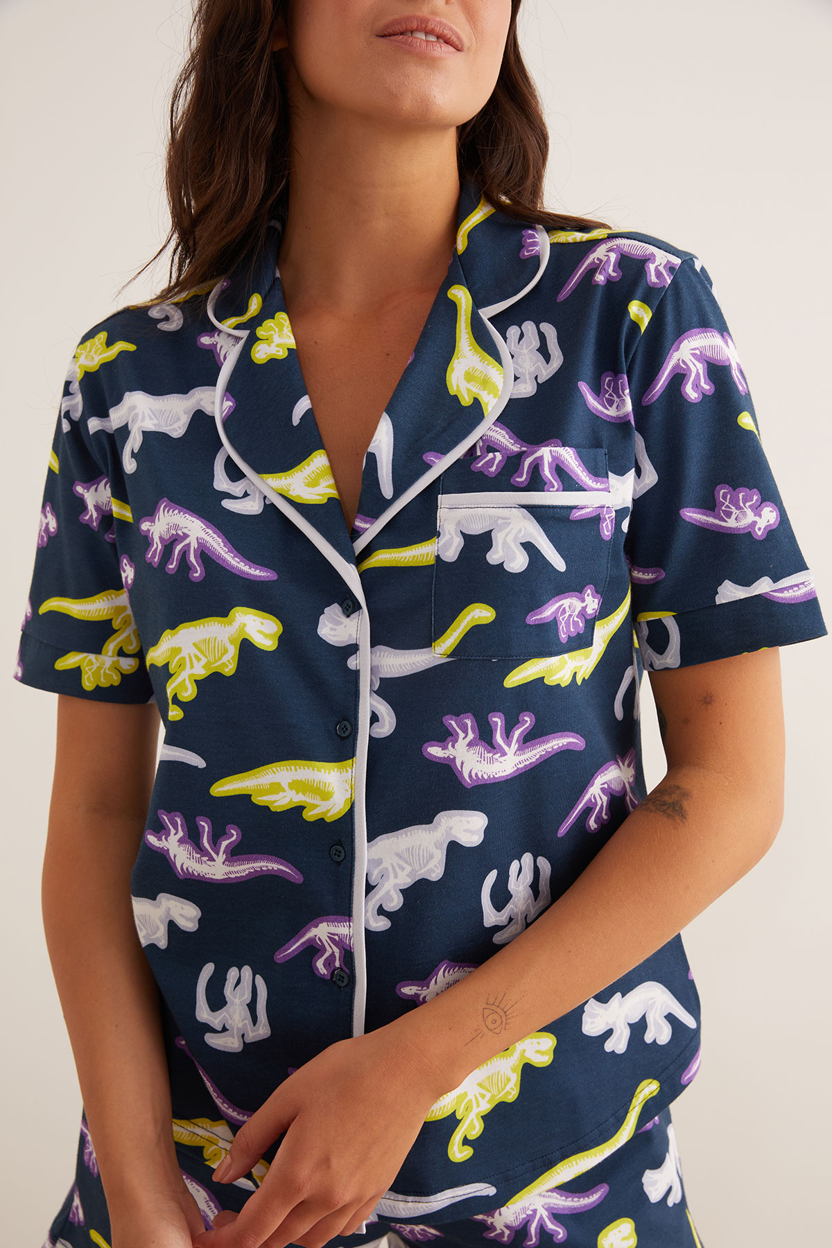 Kadın Pamuklu Dinozor Baskılı Gömlek Pijama Üstü