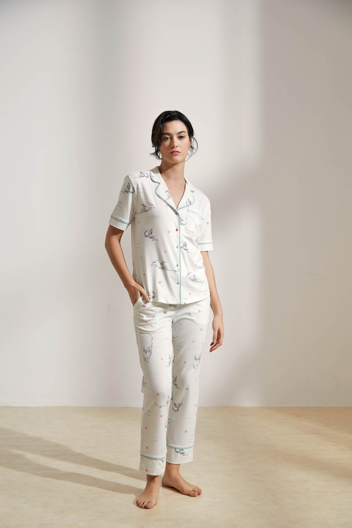 Kadın Pamuklu Gömlek Yaka Uzun Pijama Takımı