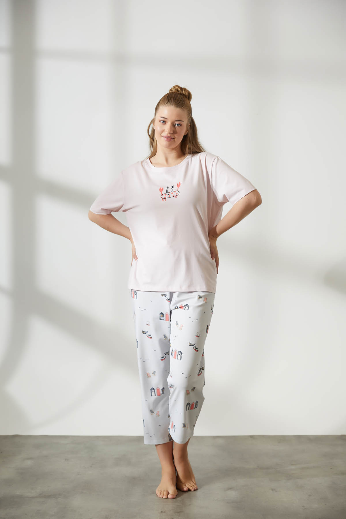 Kadın Plus Size Pamuklu Midi Pijama Takımı