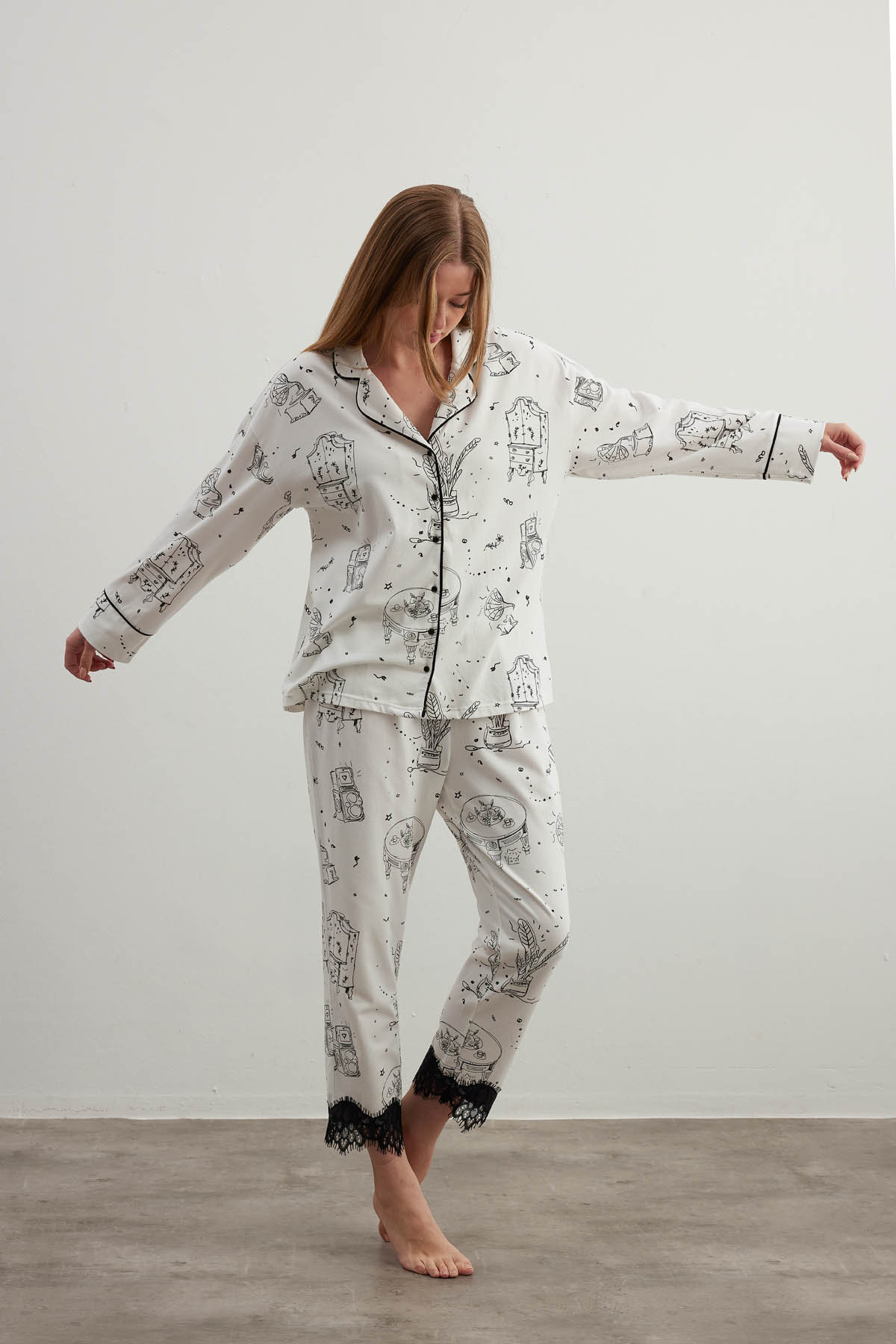 Kadın Plus Size Pamuklu Gömlek Yaka Uzun Pijama Takımı