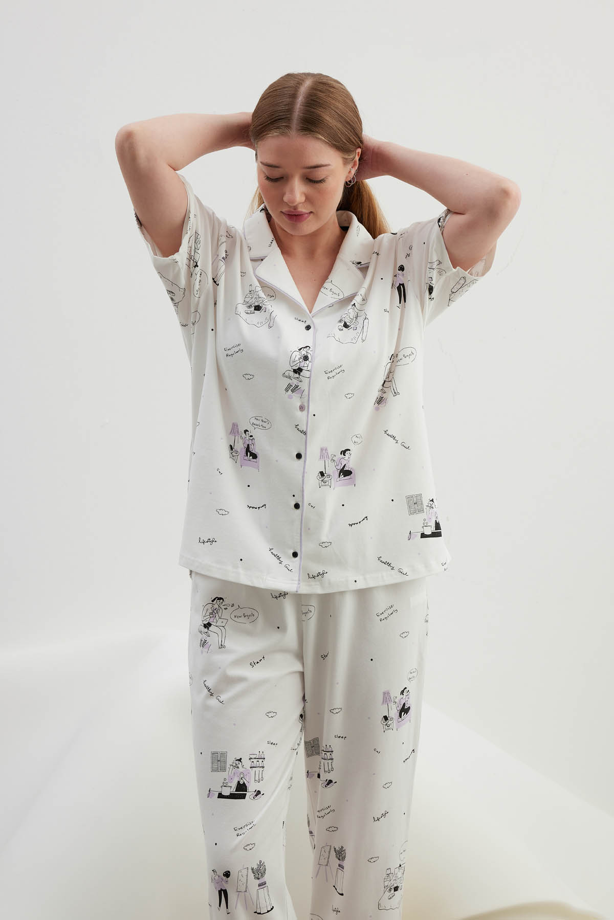 Kadın Plus Size Pamuklu Kısa Kollu Gömlek Pijama Üstü