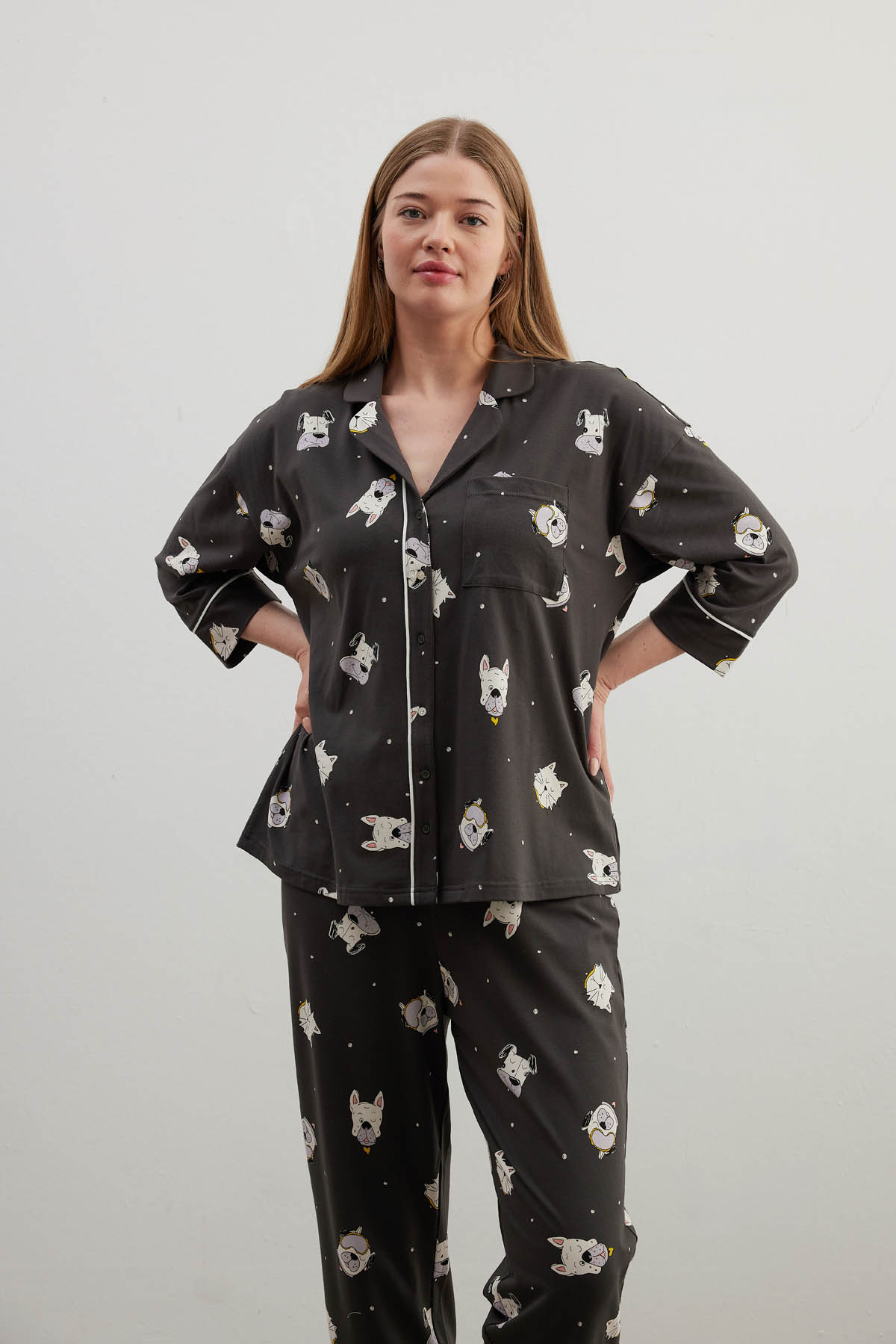 Kadın Plus Size Pamuklu Gömlek Yaka Pijama Üstü