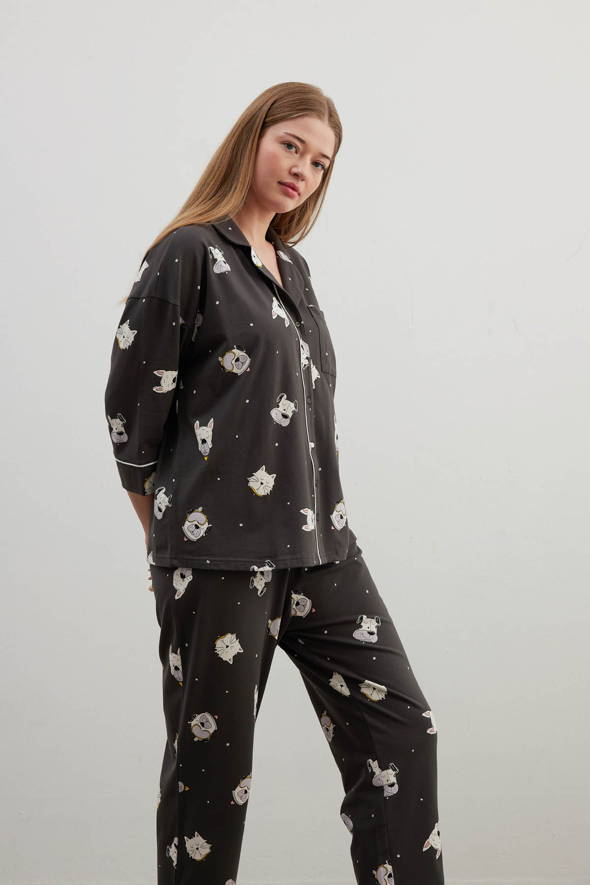 Kadın Plus Size Pamuklu Gömlek Yaka Pijama Üstü