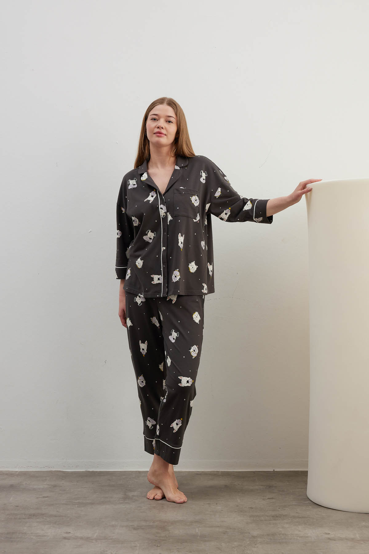 Kadın Plus Size Pamuklu Gömlek Yaka Uzun Pijama Takımı