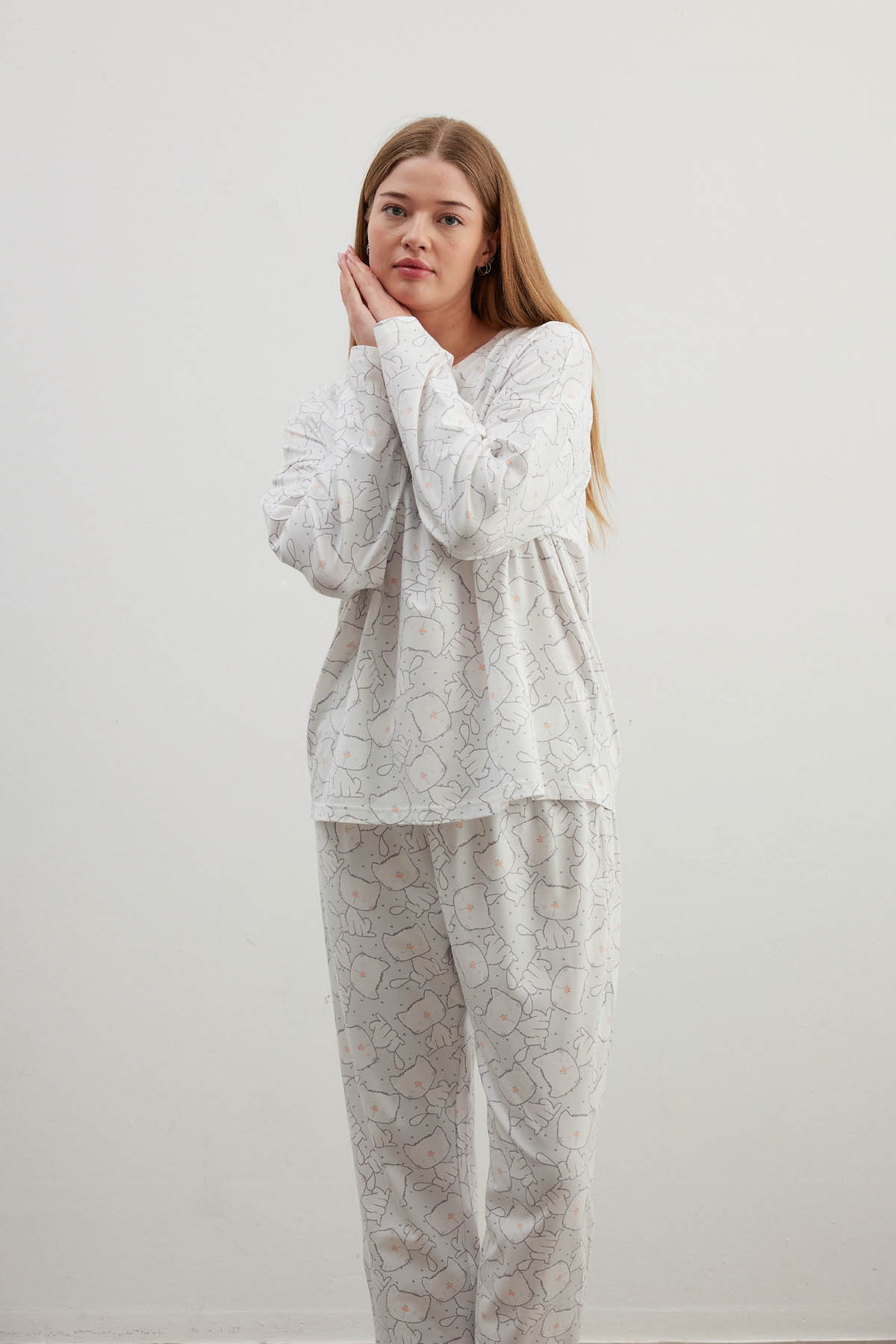 Kadın Plus Size Pamuklu Uzun Kollu Pijama Üstü